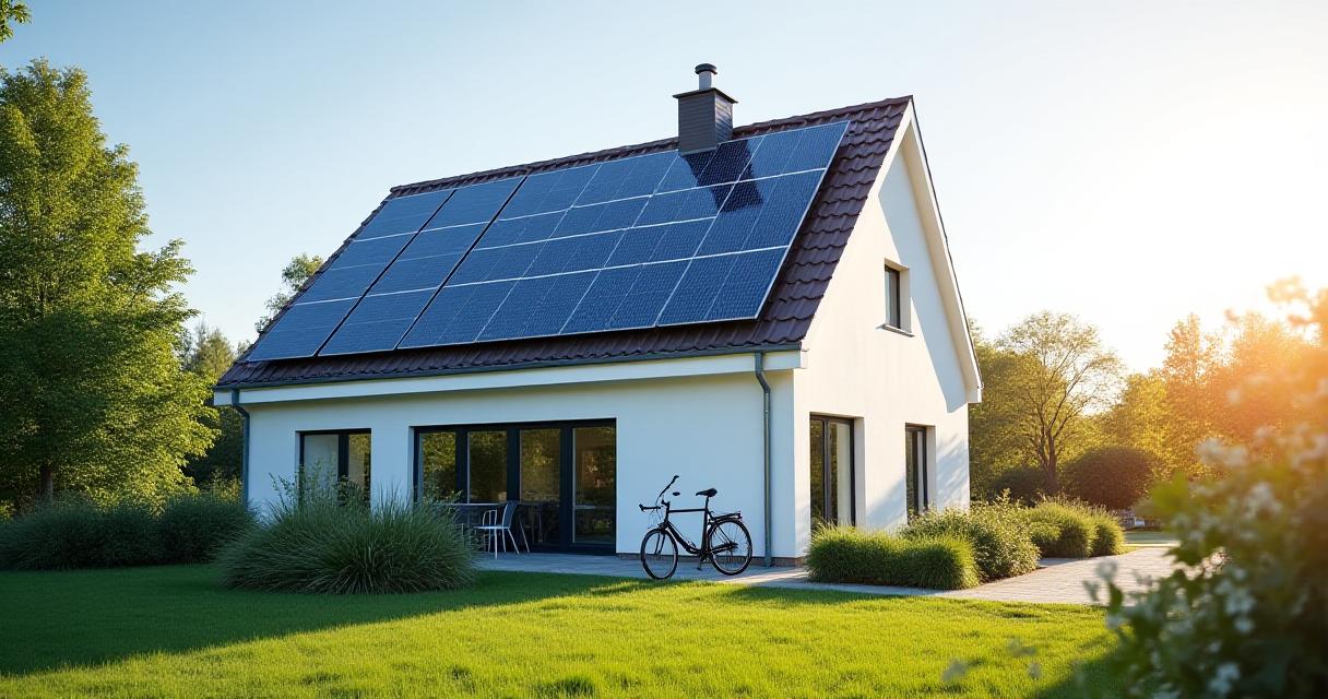 Moderne woning met zonnepanelen en groene omgeving